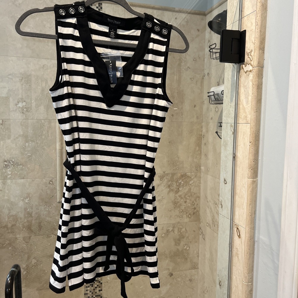 White House Black Market Tunic Top Small Stripe V Neck Belted WHBM NWT